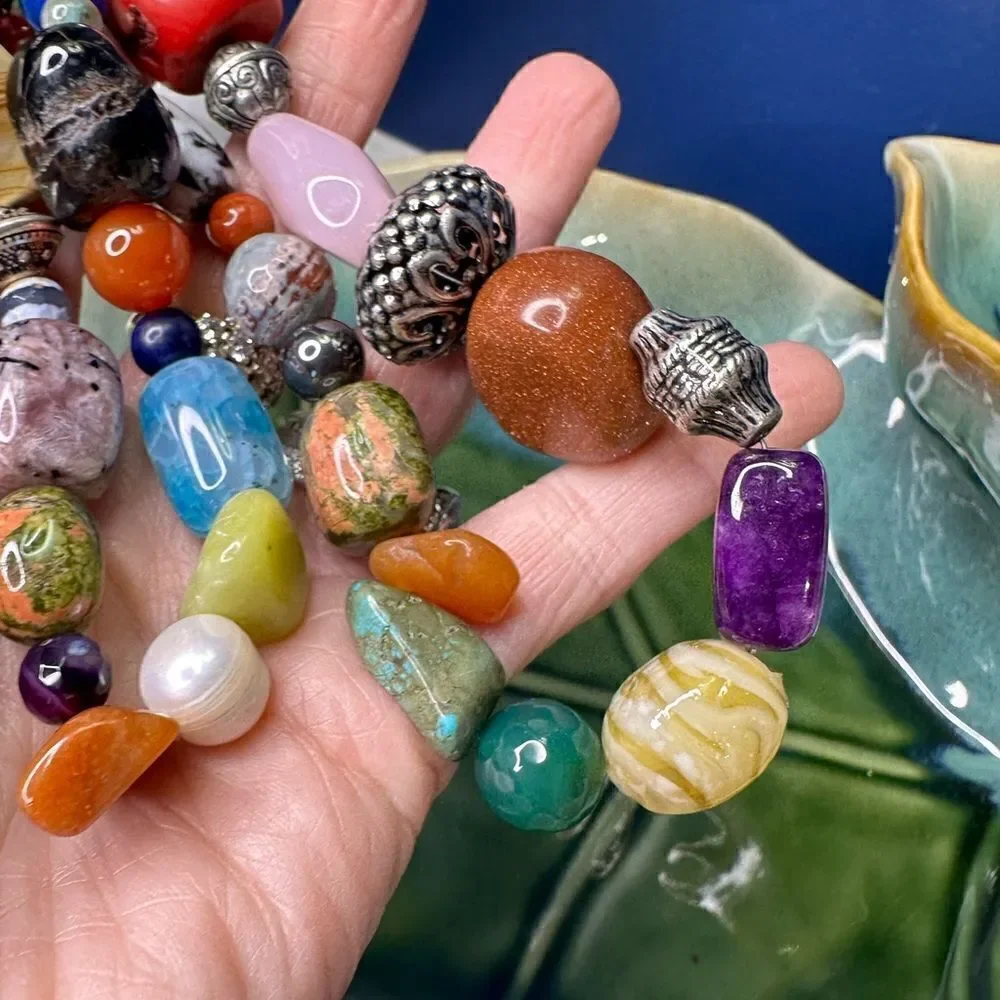 Handmade Genuine Multi Gemstone Chunky Beads Blessingway Necklace 22” 925 Silver